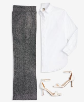 Anne Klein Womens Button Front Drop Shoulder Shirt Printed Mid Rise Wide Leg Pants In White