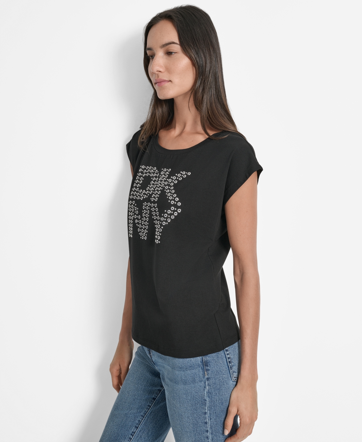 Dkny Women's Grommet Stack Logo Crewneck T-shirt In Black