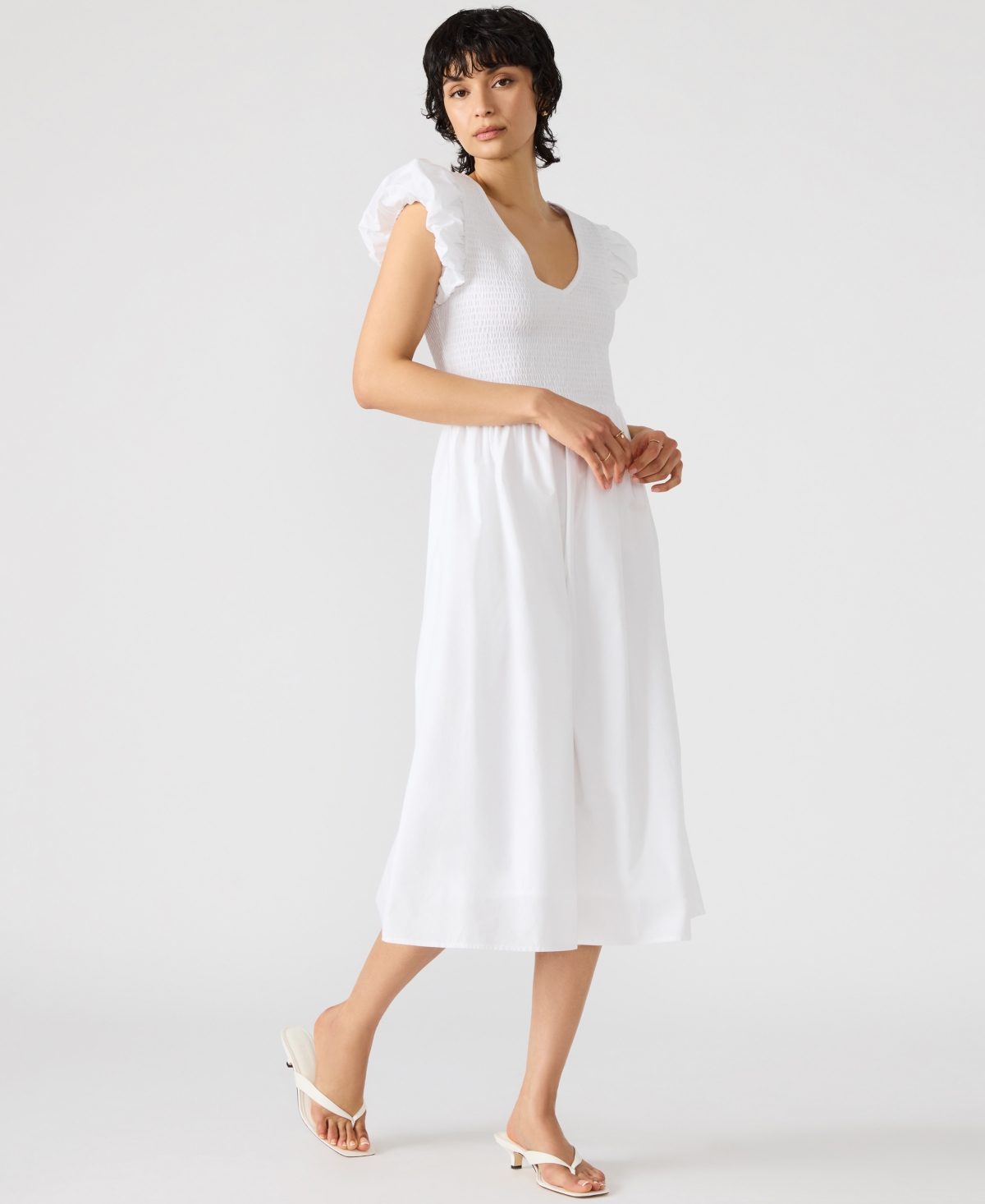 Women's Cotton Puff-Sleeve Midi Dress - White