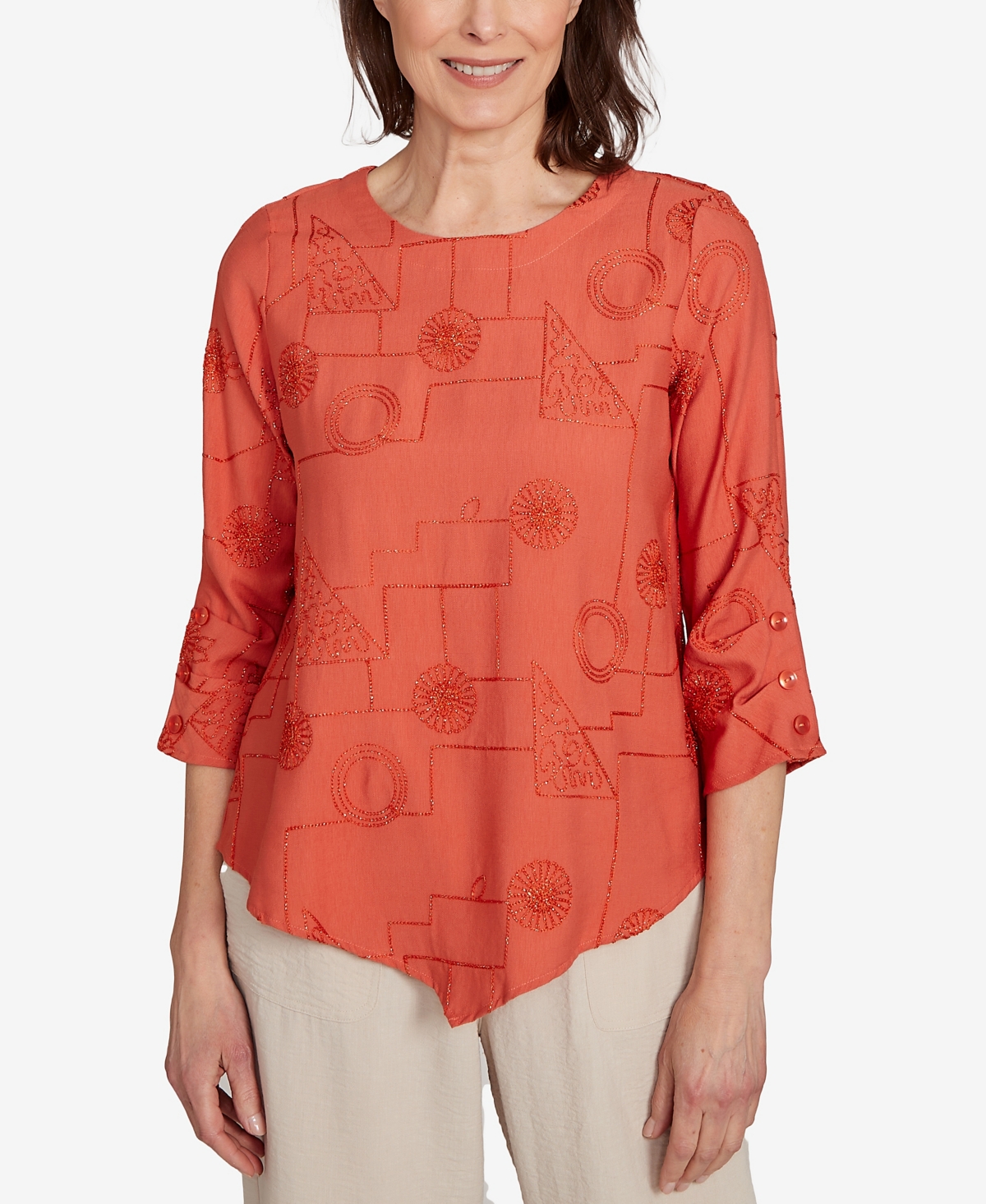 Women's Copper Canyon Metallic Embroidered Geometric Top - Papaya