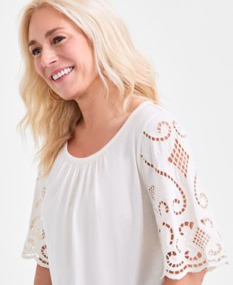 Women's Crewneck Eyelet-Sleeve Knit, Exclusively at Macy's  