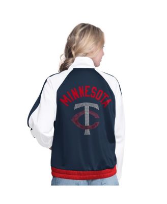 Women's&nbsp;White/Navy Minnesota Twins Rally Rhinestone Raglan Full-Zip Track Jacket