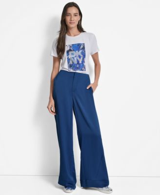 Women's Glazed High Rise Seamed-Cuff Wide-Leg Pants