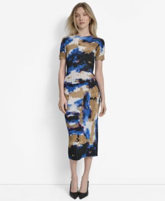 Dkny Womens Printed Mix Rib Short Sleeve Sweater Printed Rib Knit Midi Skirt