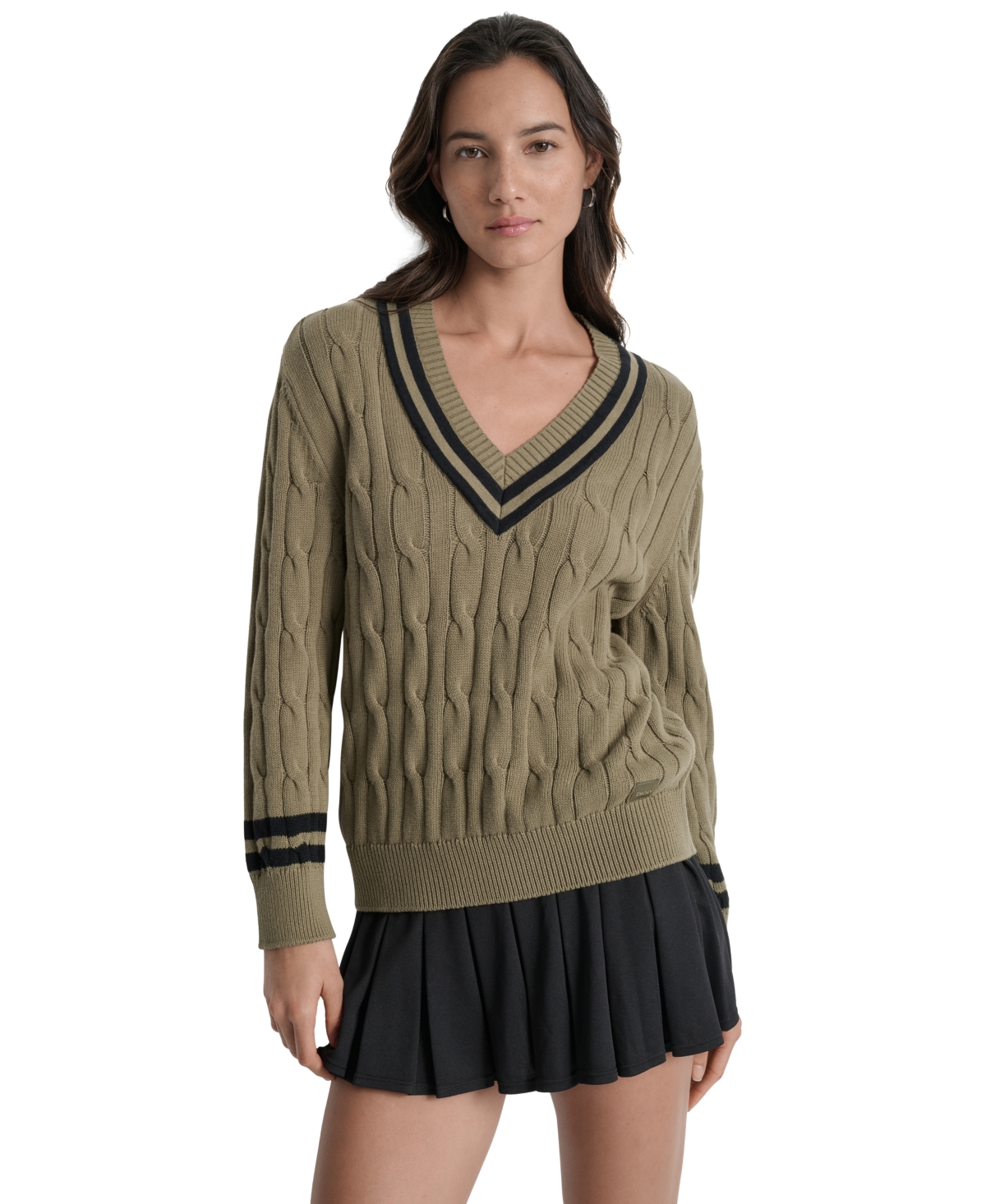 Sport Women's Cotton Cable Knit V-Neck Sweater - Eggnog/ Black