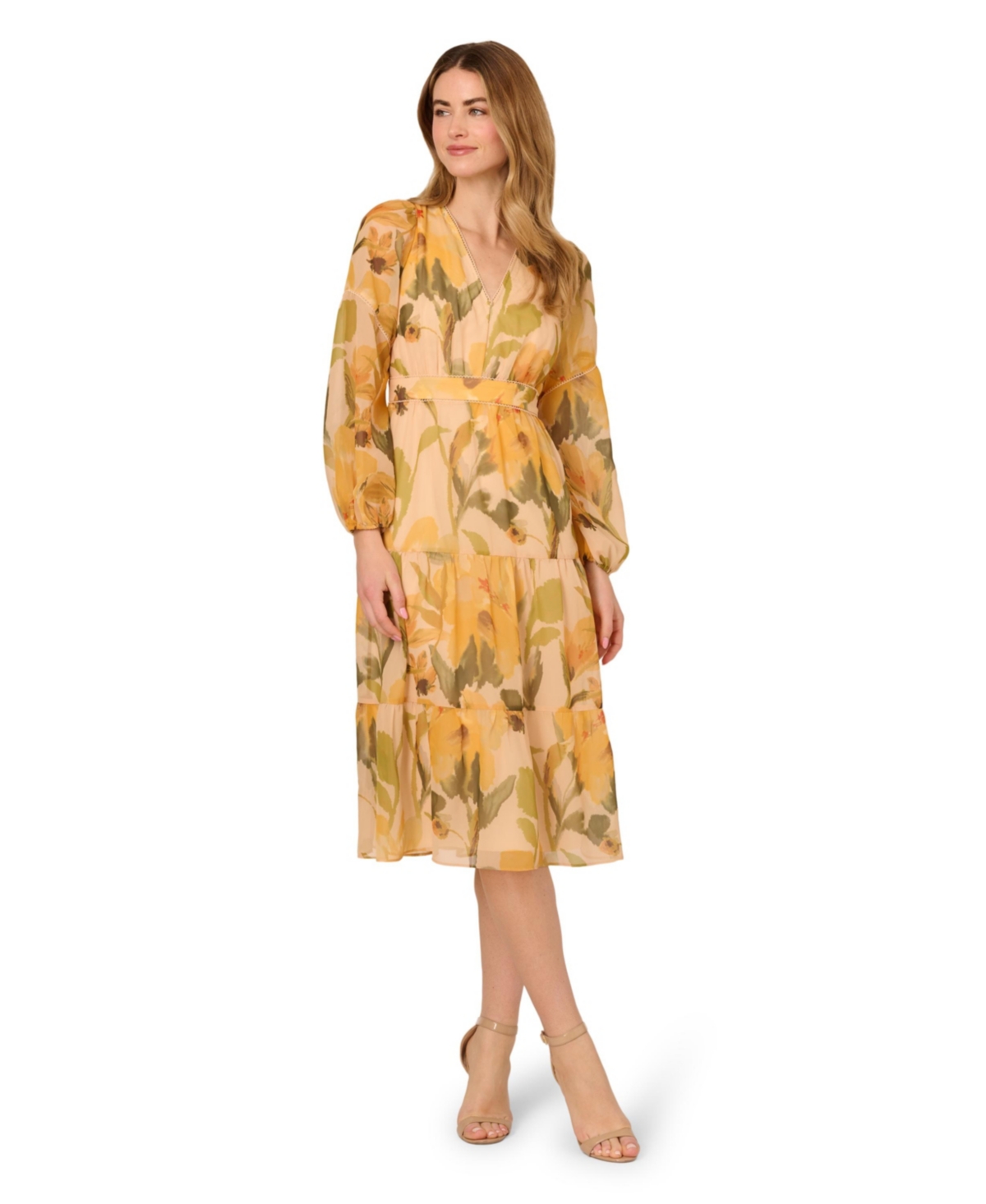Women's Printed Organza Midi Dress - Ecru, Yellow Multi