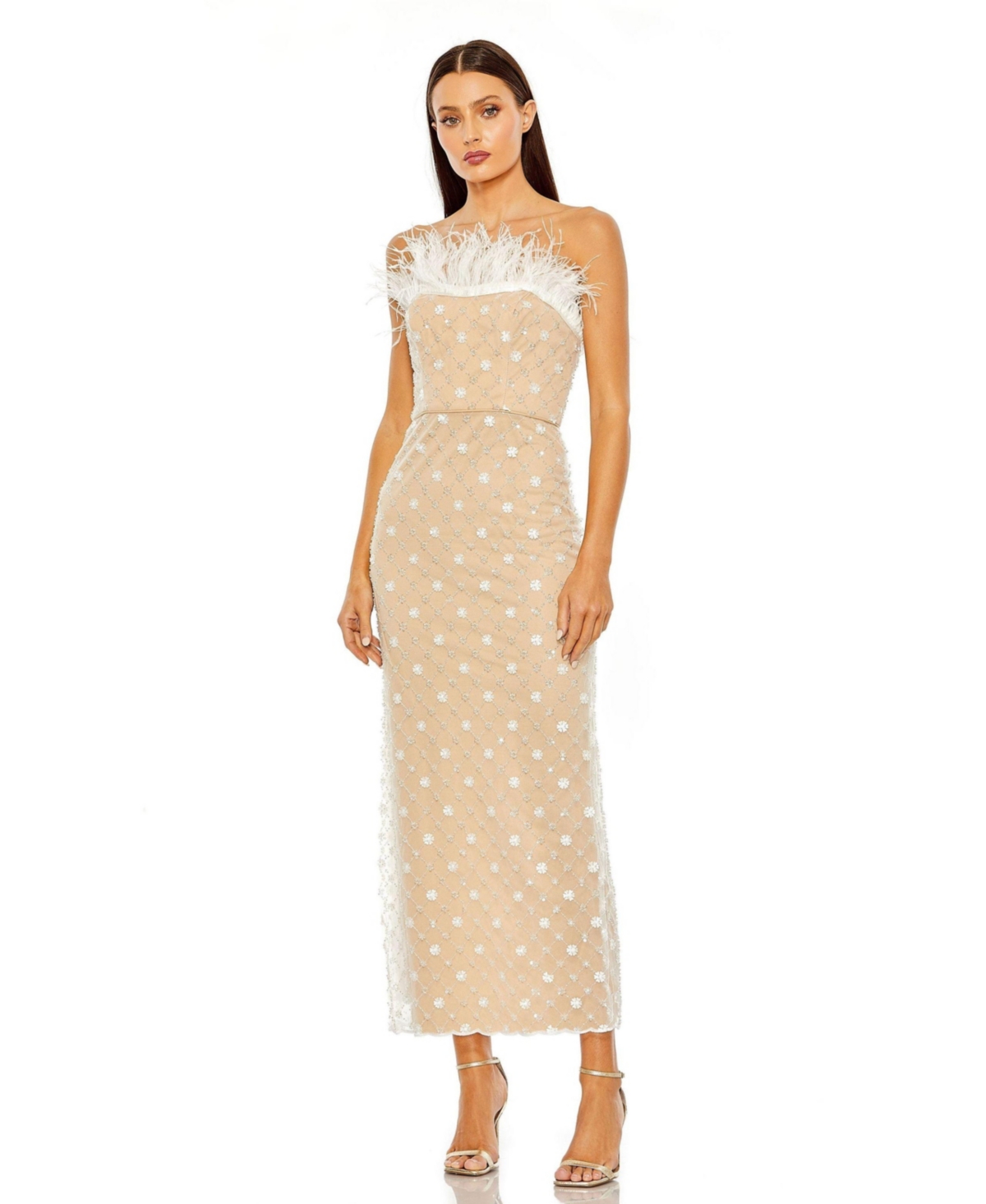 Women's Floral Embellished Mesh Gown with Blouson Bodice and Fitted Skirt - Ivory nude