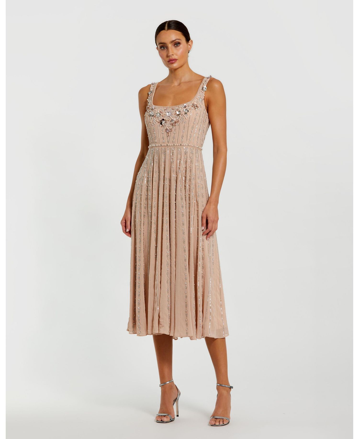 Women's Sleeveless Scoop Neck Beaded Georgette Midi Dress