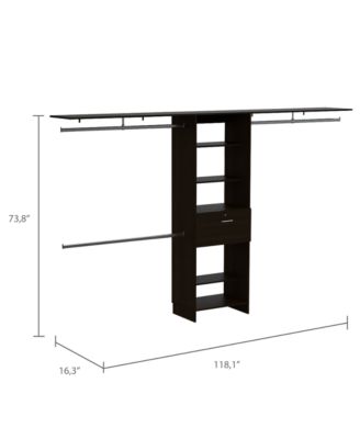 Zamora 70"W - 118"W Closet System, Three Hanging Rods, Five Shelves, One Drawer, Black