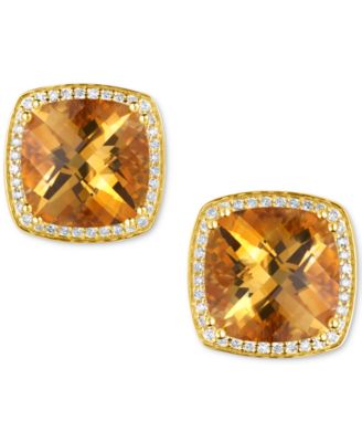 Citrine (10 ct. t.w.) & Diamond (3/8 ct. t.w.) Cushion Halo Stud Earrings in 14k Gold