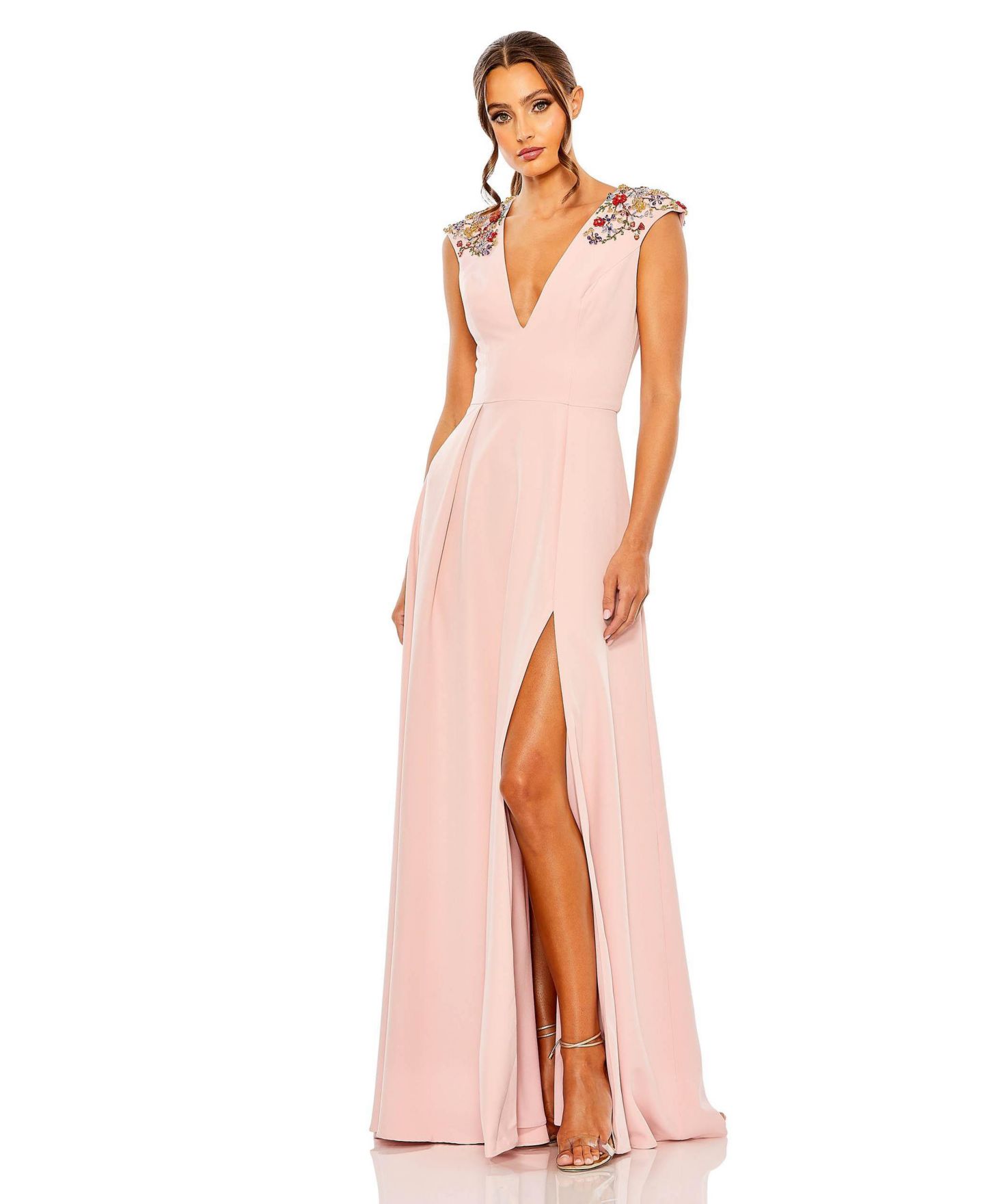 Женская кепка Mac Duggal Beaded Cap Sleeve V Neck A Line Gown, цвет: Розовый — фото 1