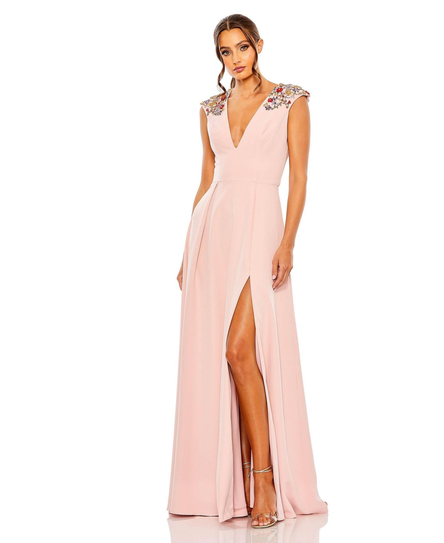 Women's Beaded Cap Sleeve V Neck A Line Gown