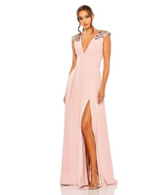 【Mac Duggal】ブルーの刺繍ビーズAラインドレス Mac Duggal Beaded Shoulder Deep V-Neck Cap Sleeve Thigh High