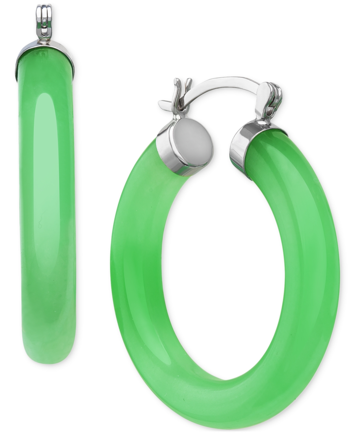 Dyed Green Jade Polished Cap Small Hoop Earrings in Sterling Silver, 1" - Jade