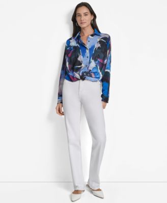 Women's Printed Long-Sleeve Twist-Front Blouse