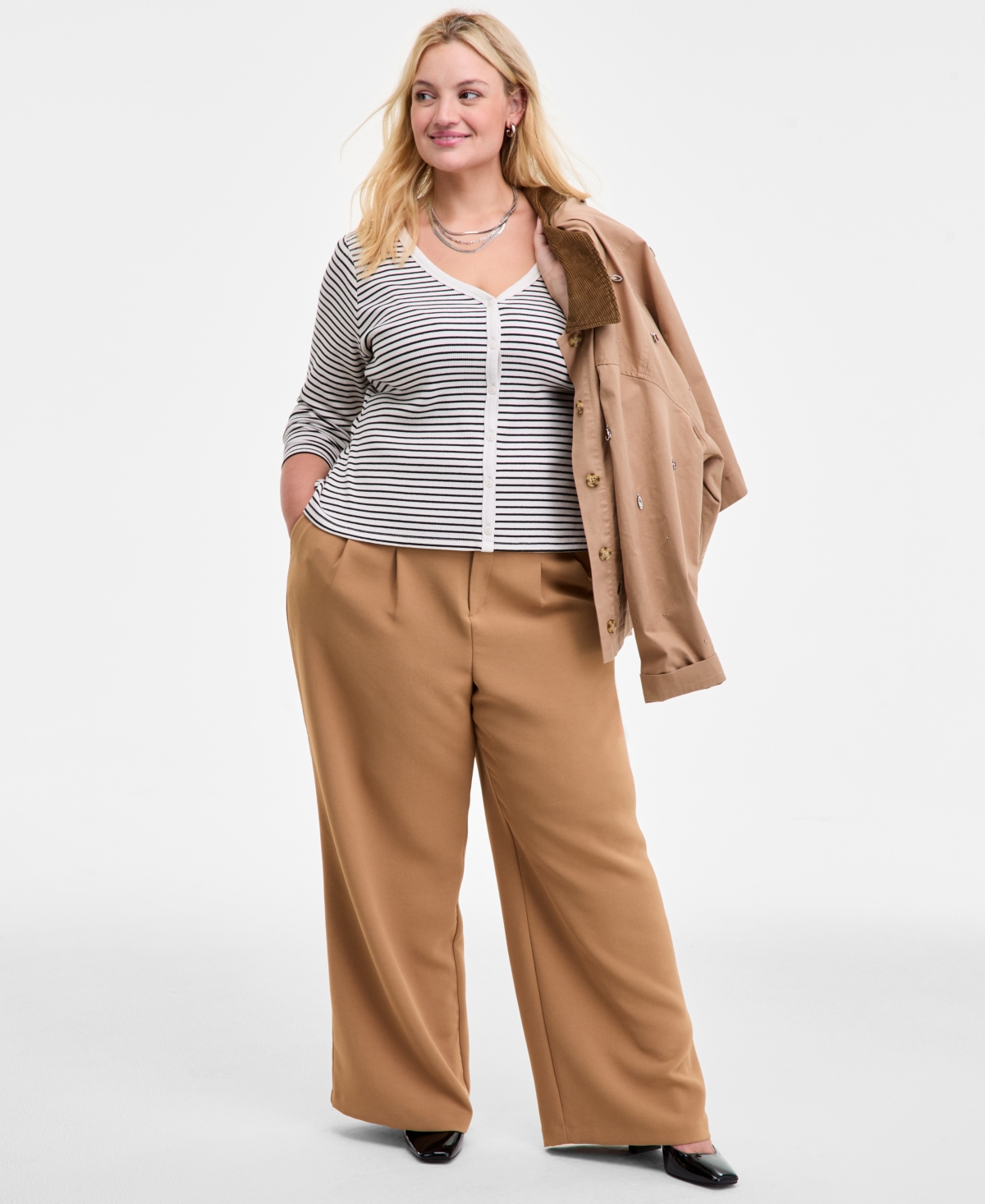 On 34th Trendy Plus Striped V-neck Button-front Cardigan, Macy's Exclusive