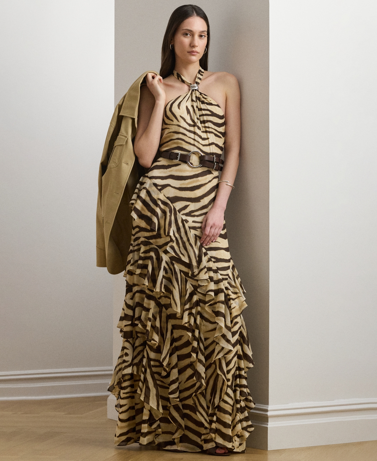 Ralph Lauren Zebra-print Ruffle-trim Georgette Gown In Brown