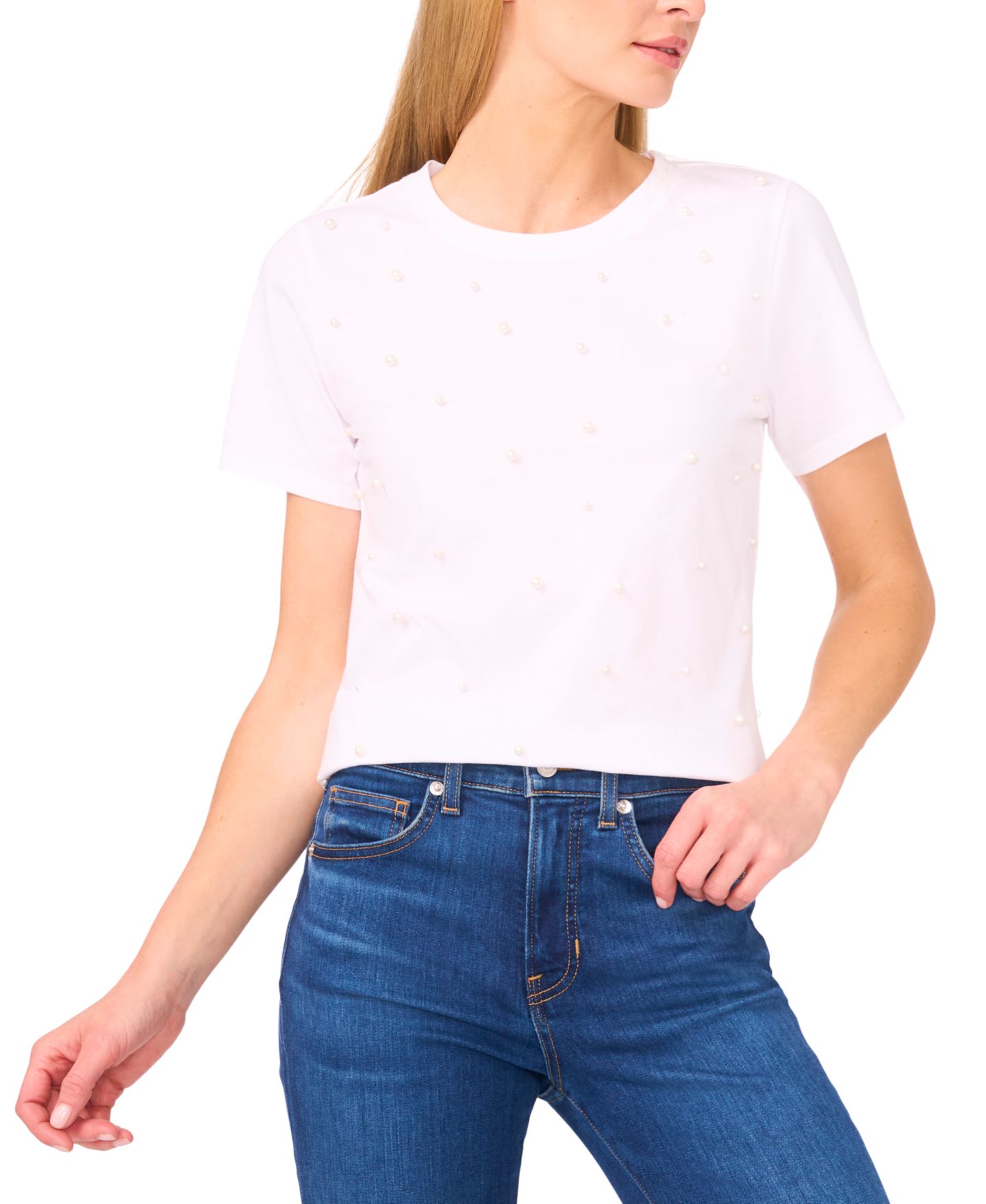 Женская футболка CeCe Cotton Embellished, цвет: Слоновая кость — фото 1