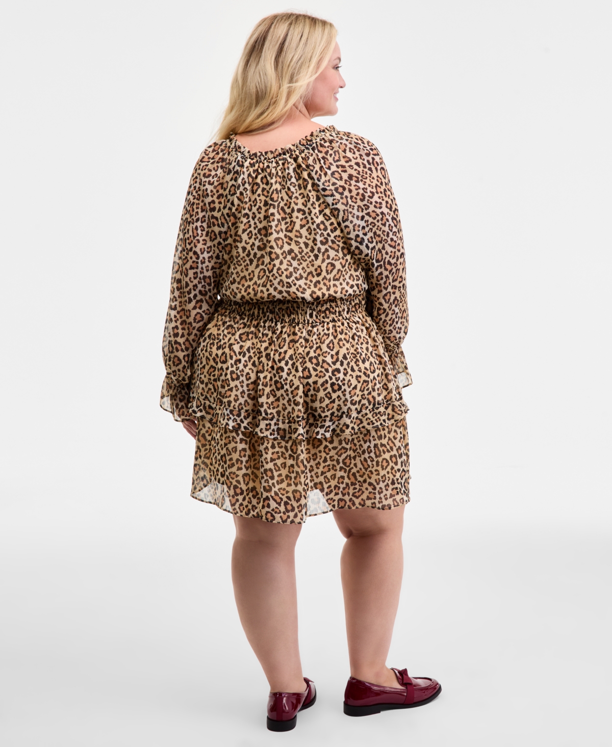 On 34th Trendy Plus Leopard-print Smocked-waist Long-sleeve Dress, Macy's Exclusive In Animal Print