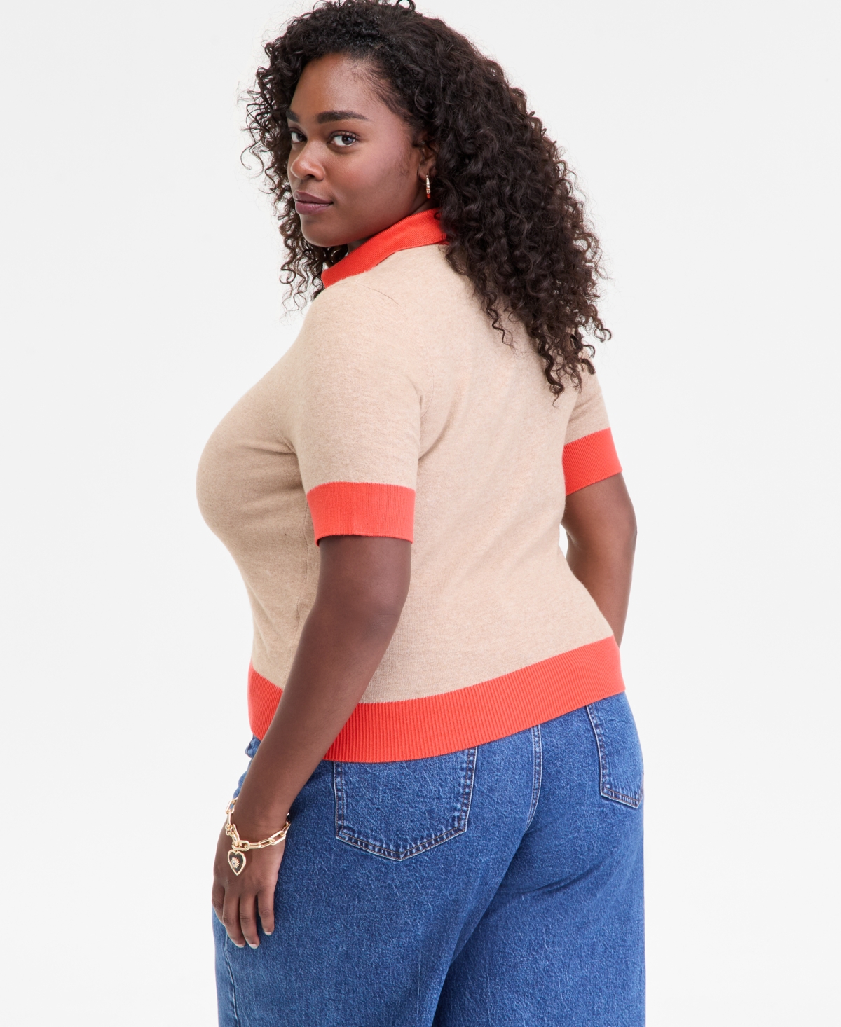 On 34th Trendy Plus Size Collared Contrast-trim Sweater, Macy's Exclusive In Orange