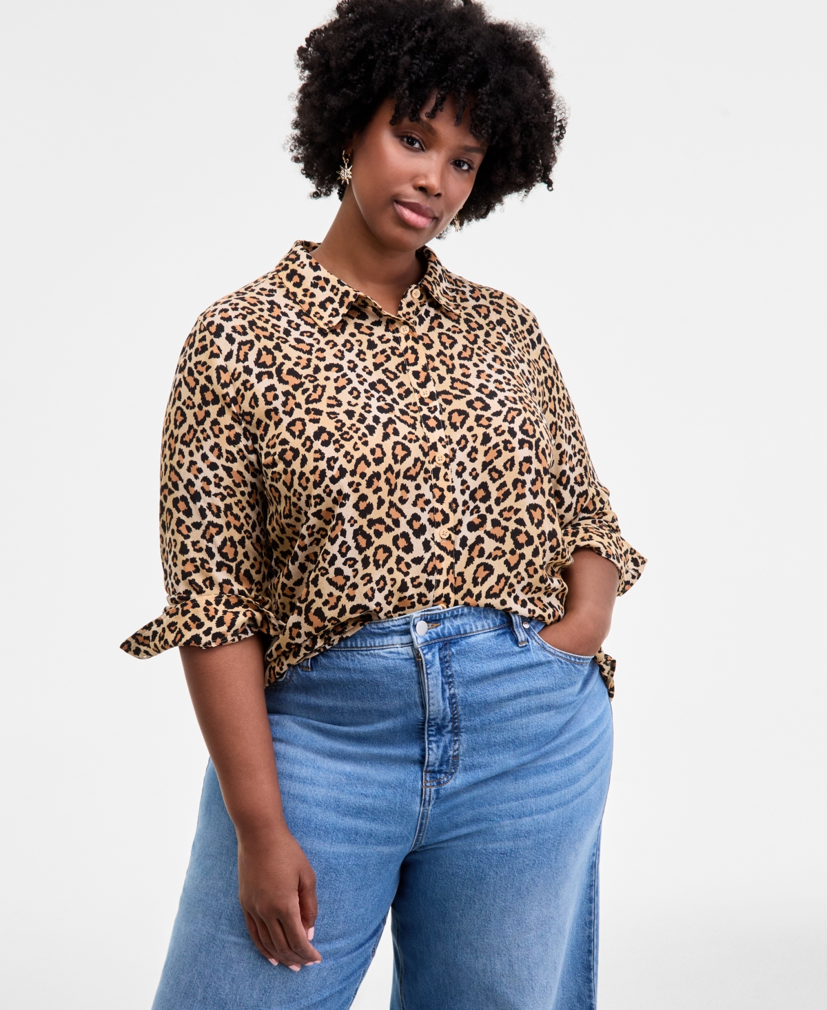 On 34th Trendy Plus Leopard-print Button-front Shirt, Macy's Exclusive In Animal Print