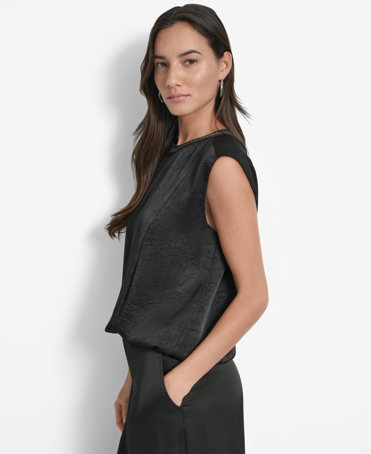 Dkny Chain Sleeveless Crinkle Satin Top In Black