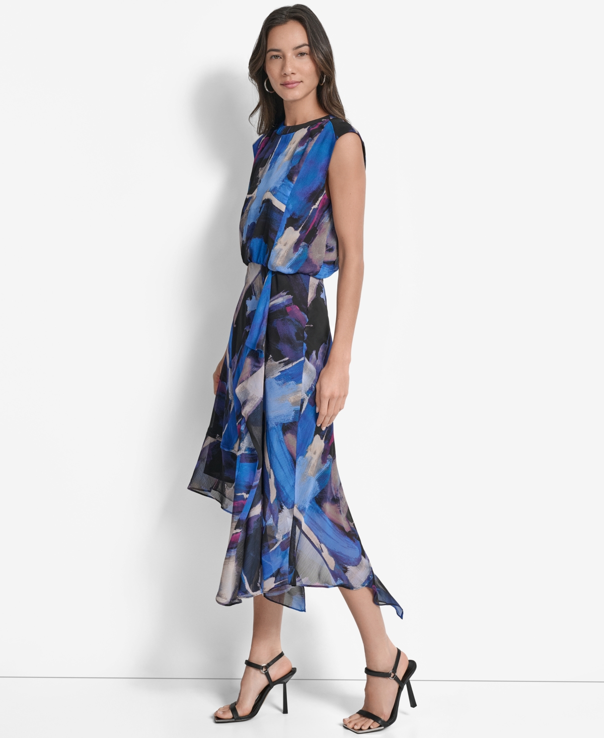 Dkny Sleeveless Asymmetric Midi Dress In Blue