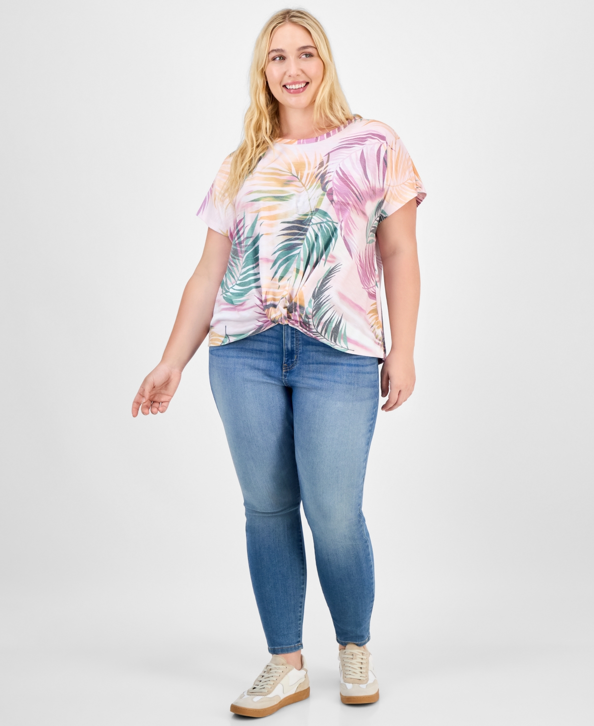 Democracy Trendy Plus Printed Twist-front Short-sleeve Top In Multi