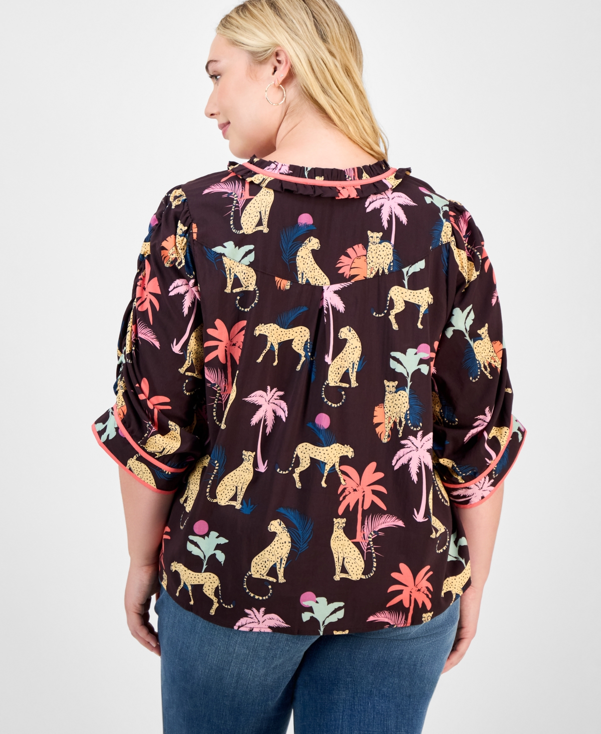 Democracy Trendy Plus Printed Elbow-sleeve Split-neck Top In Brown