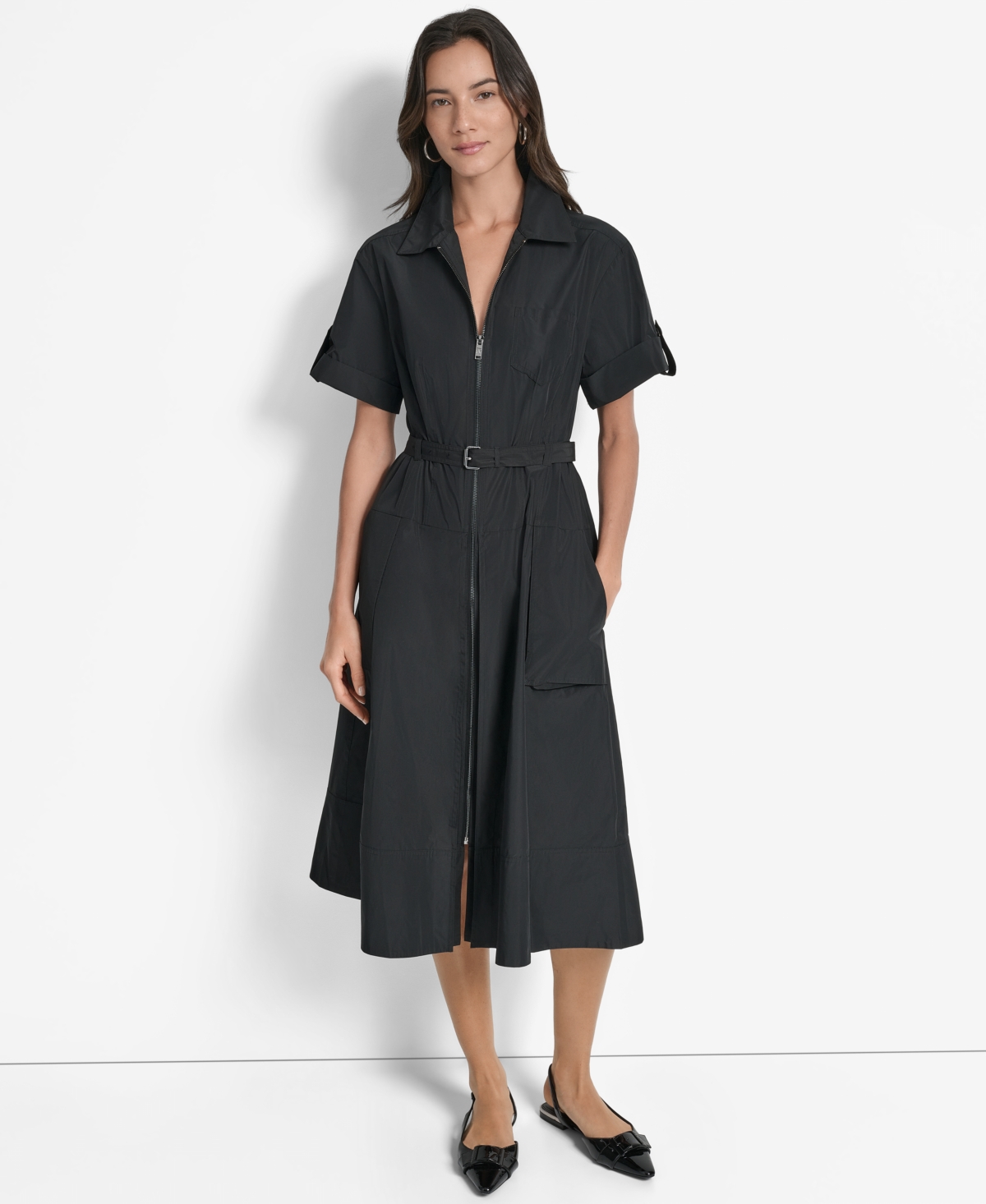 Dkny Zip Front Cargo Dress In Black