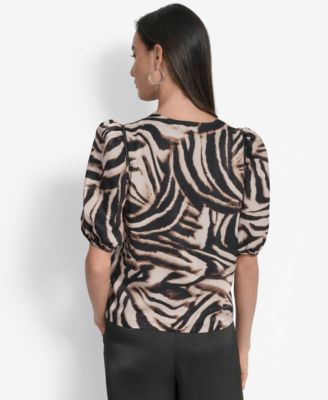 Women's Printed Satin Puff-Sleeve Zipper Top