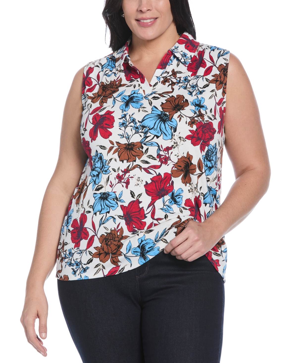 Plus Size Bouquet Print V-Neck Polo T-Shirt - Star white