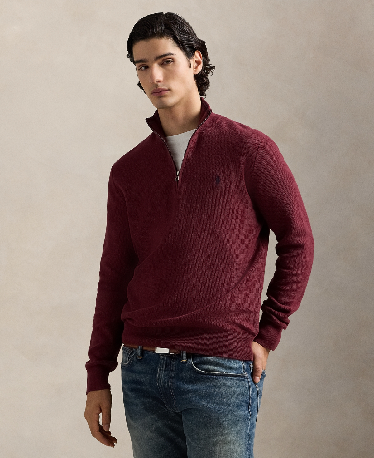 Polo Ralph Lauren Ralph Lauren Mesh-knit Cotton Quarter-zip Sweater In Burgundy