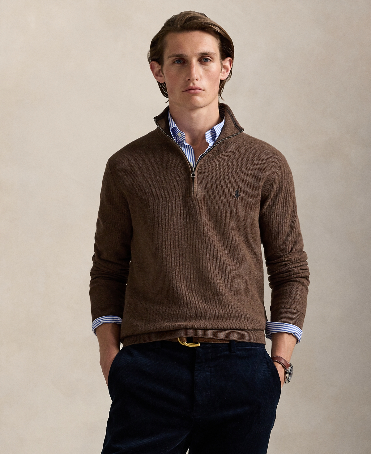 Polo Ralph Lauren Men's Mesh-knit Cotton Quarter-zip Sweater In Brown