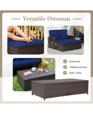 Rattan Loveseat Set Daybed Lounge w/ Storage Ottoman Side Tables Adjust Patio