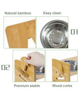   Adjustable Dual Cat Bowl Bamboo Elevated Stand Steel Pet Feeder Bowls