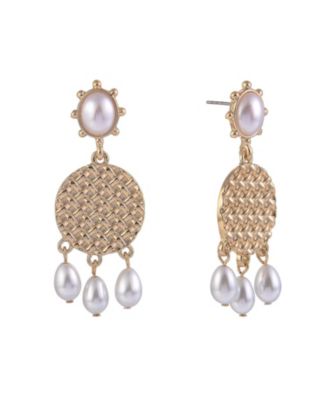 Gold Tone Drop Earrings with Pearl Accents