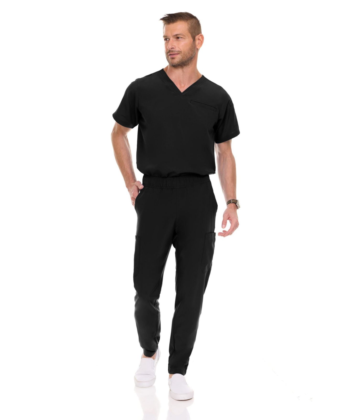 Мужские топы Medichic Men Scrubs Set - Stretch V-Neck Scrub Top with 7-Pocket Pants Workwear Wine Large, цвет: Чёрный — фото 1