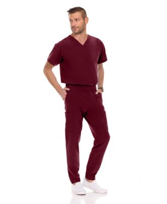 Men's Men Scrubs Set - Stretch V-Neck Scrub Top with 7-Pocket Pants Workwear Wine Large