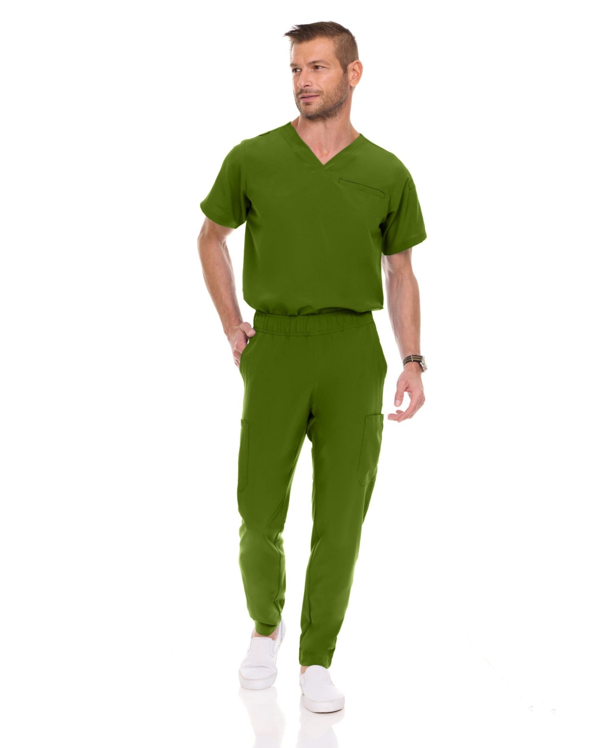 Men's Men Scrubs Set - Stretch V-Neck Scrub Top with 7-Pocket Pants Workwear Wine Large - Khaki