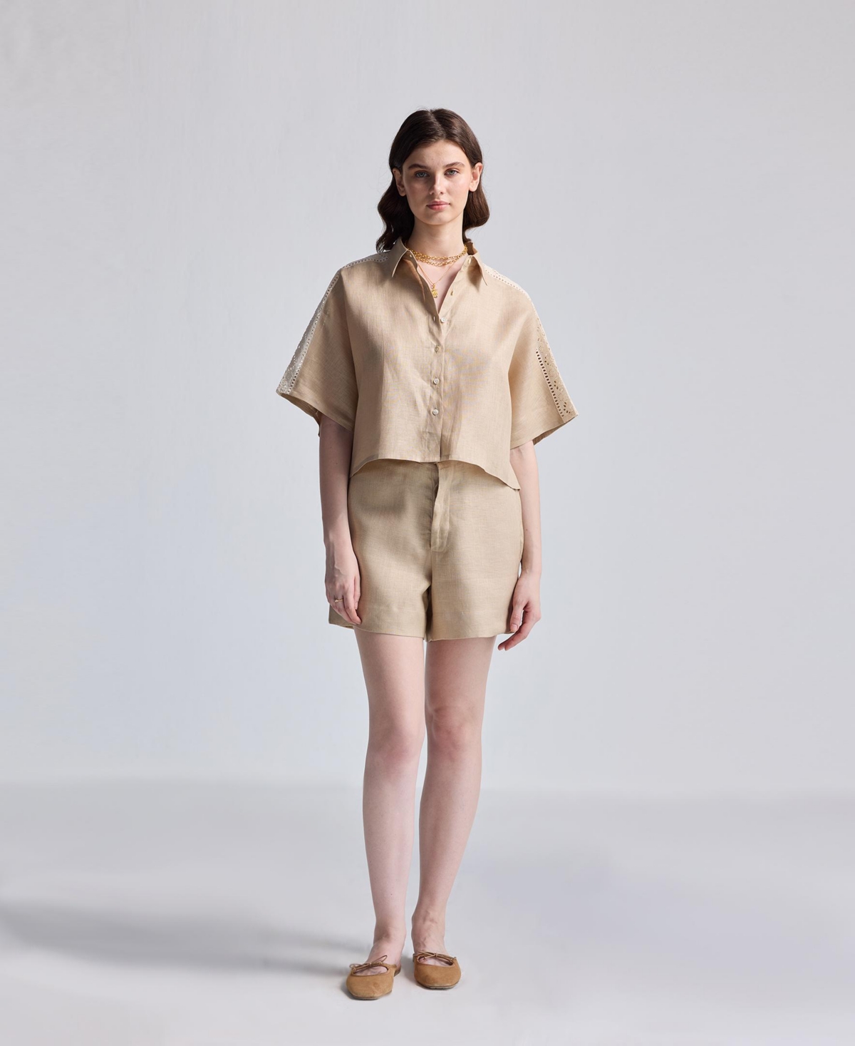 Women's Boxy Shirt with Lace - Neutral beige