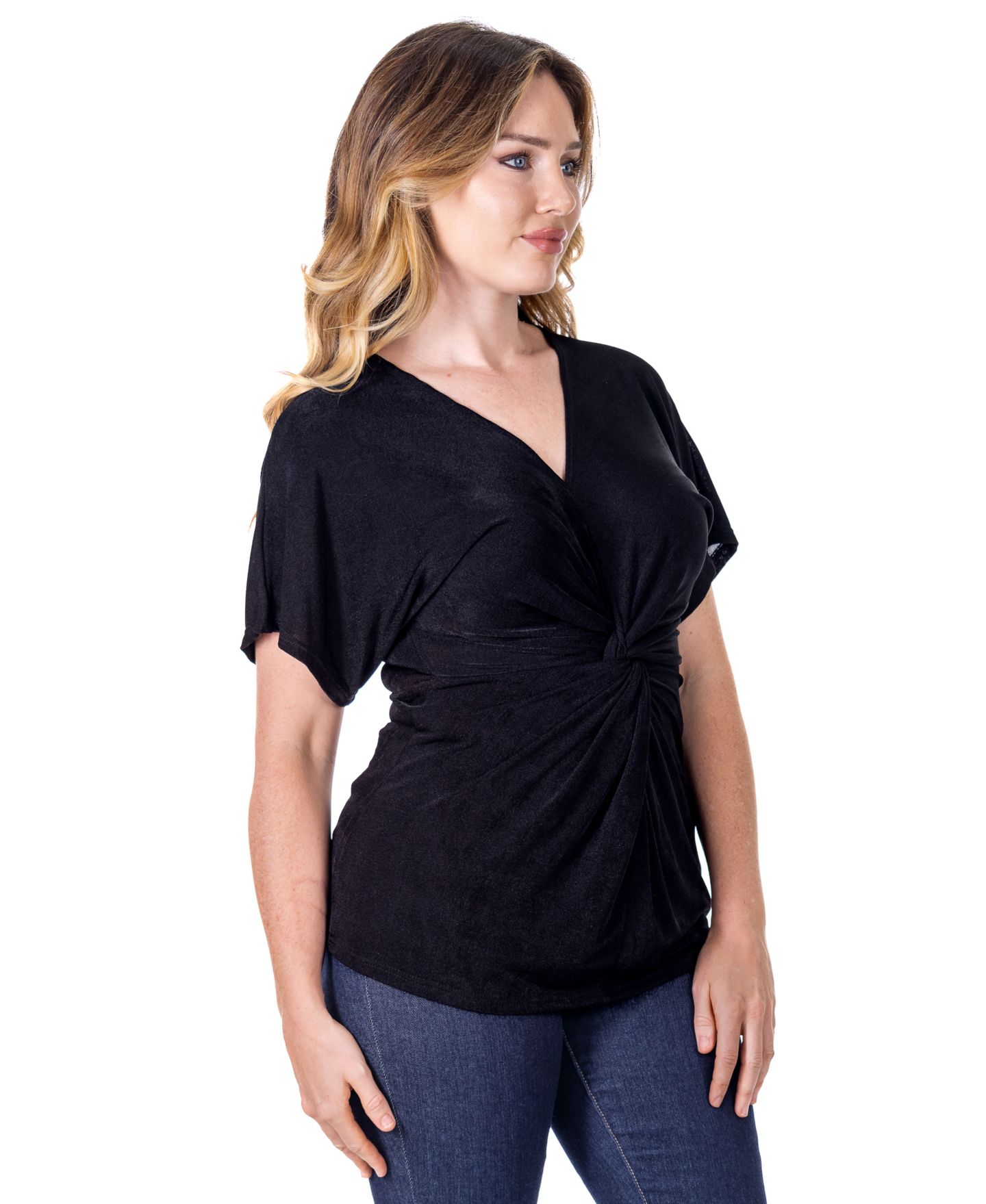 Женский топ 24seven Comfort Apparel Petite V-Neck Knot Front Kimono Sleeve, цвет: Чёрный — фото 3