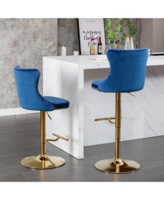 Modern Blue Velvet Bar Stools, Set of 2