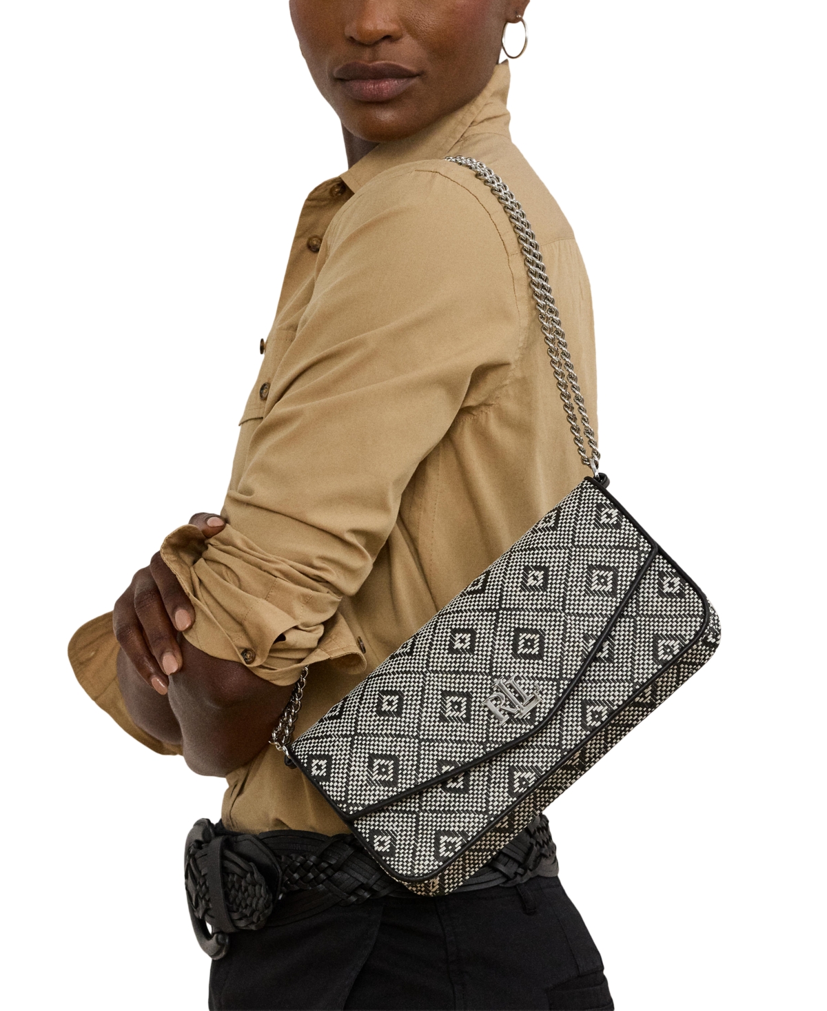 Geo-Motif Woven Straw Medium Sawyer Bag - Black/natural Geo