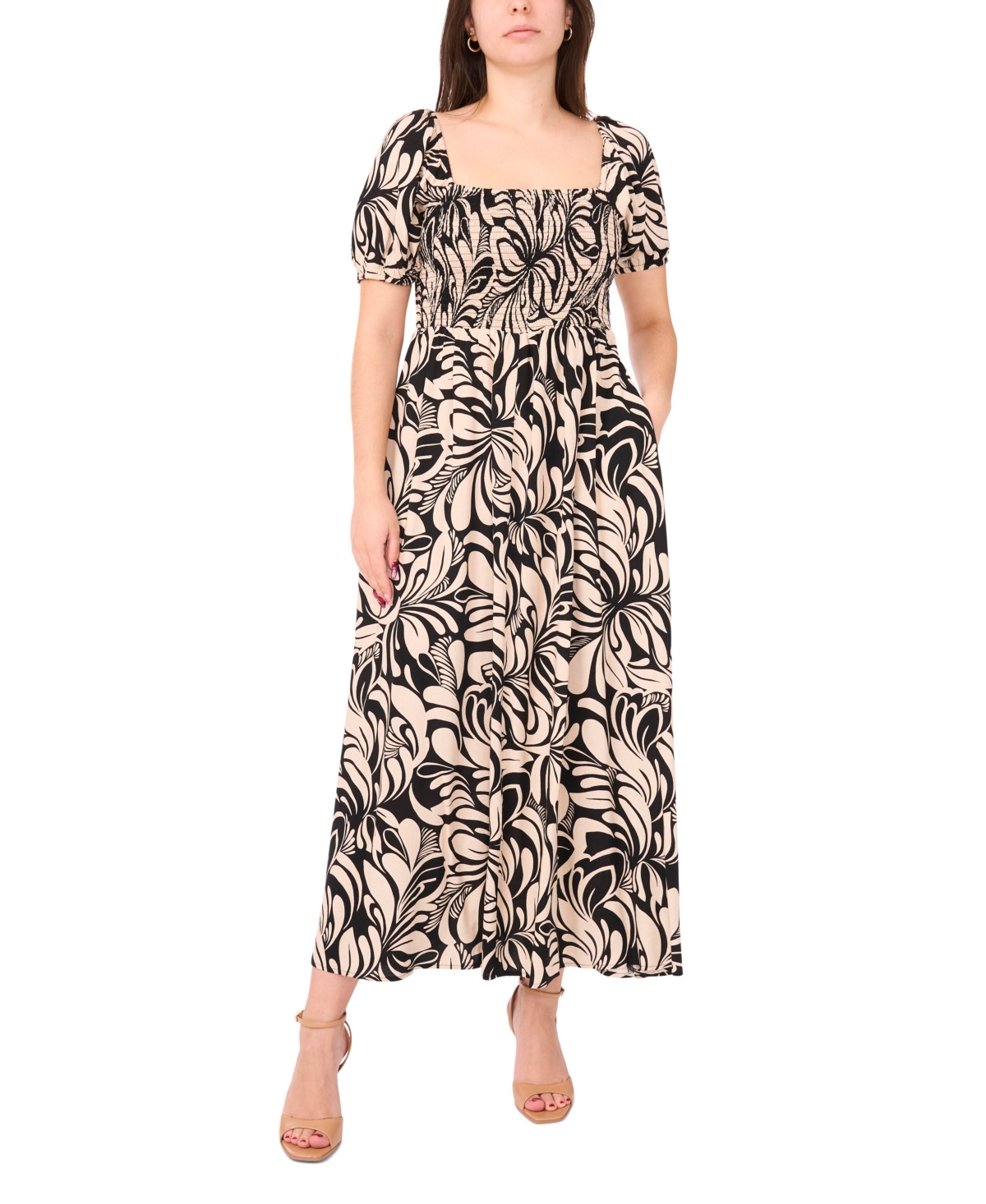 Petite Square-Neck Short-Sleeve Maxi Dress - Cream, multi
