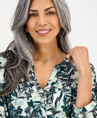 Women's Printed Split-Neck 3/4-Sleeve Knit, Exclusively at Macy's