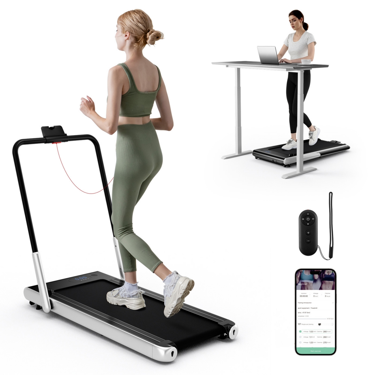 3-in-1 3HP Folding Treadmill with Smart Apps Remote Control and Speakers - Silver