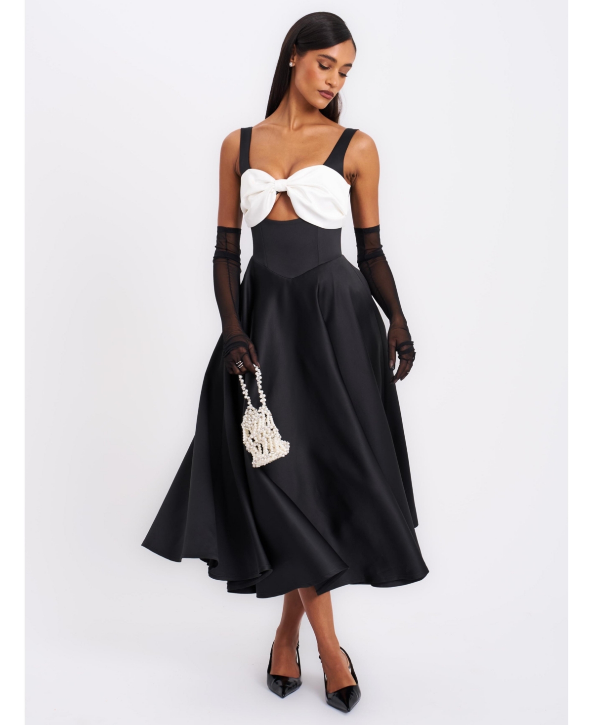 Women's Edda Black Maxi Gown with White Bow - Black