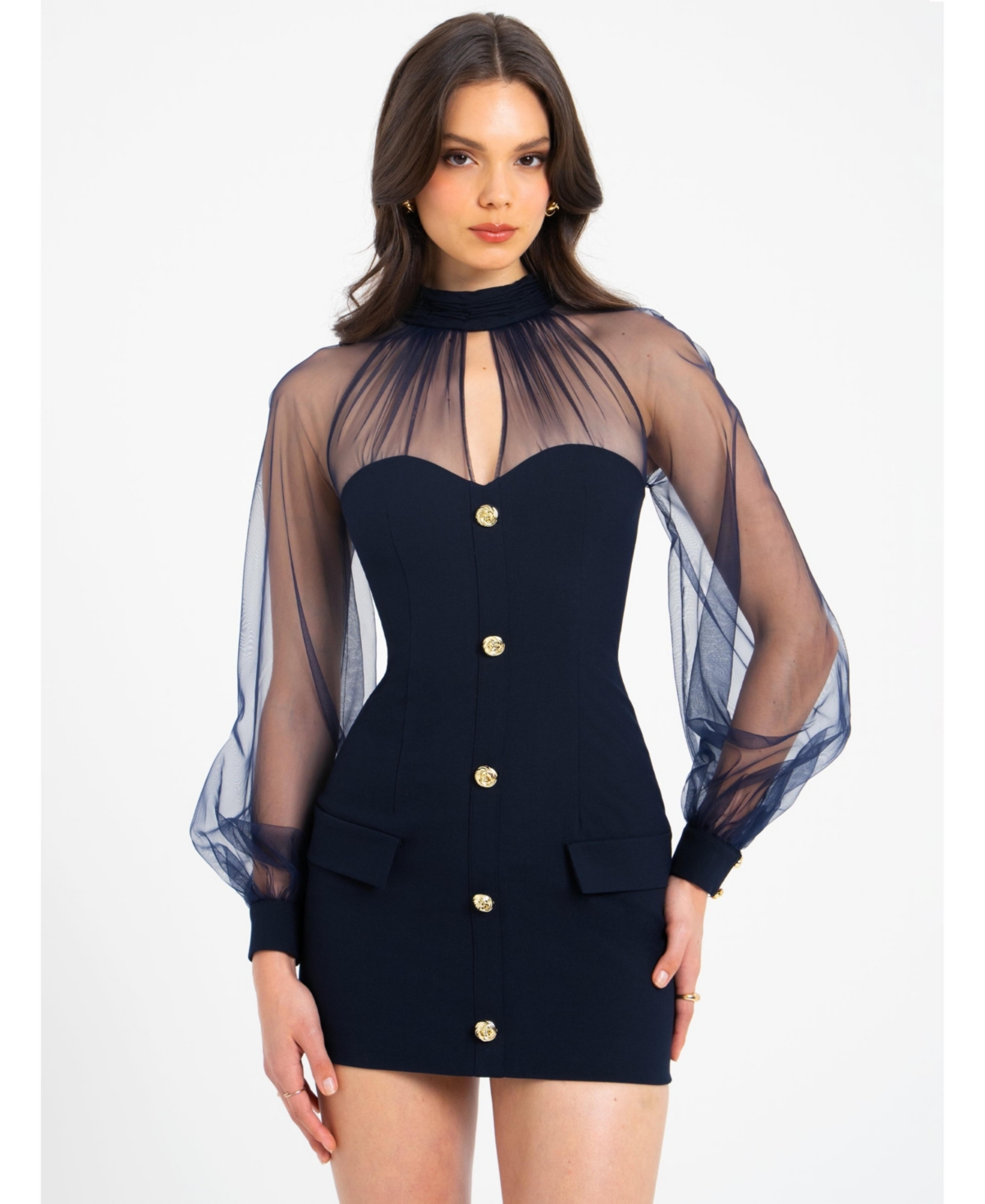 Women's Shelby Black Faux Leather with Lace Mini Dress - Navy