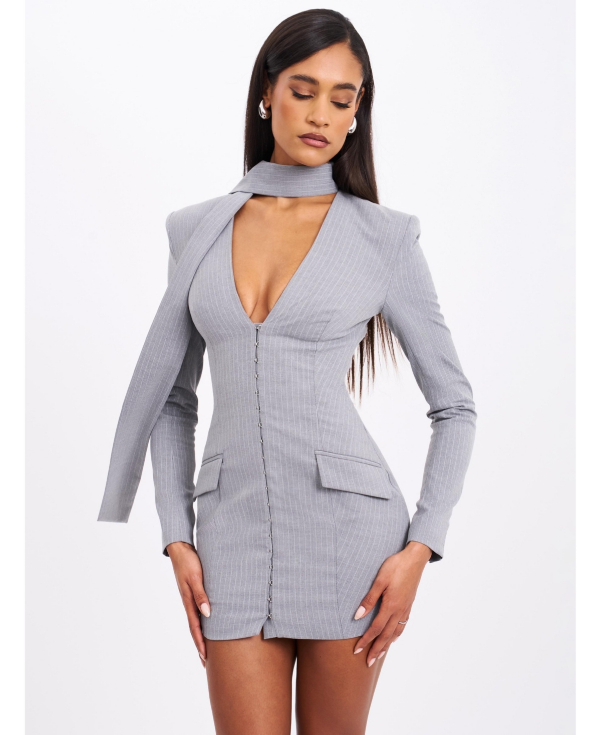 Women's Tahlia Deep V Pinstripes Gray Blazer Dress with scarf collar - Grey